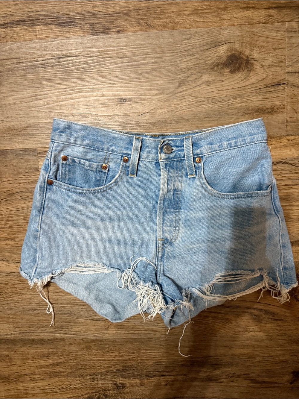 Levi’s 501 High-Rise Light Blue Denim Distressed Shorts